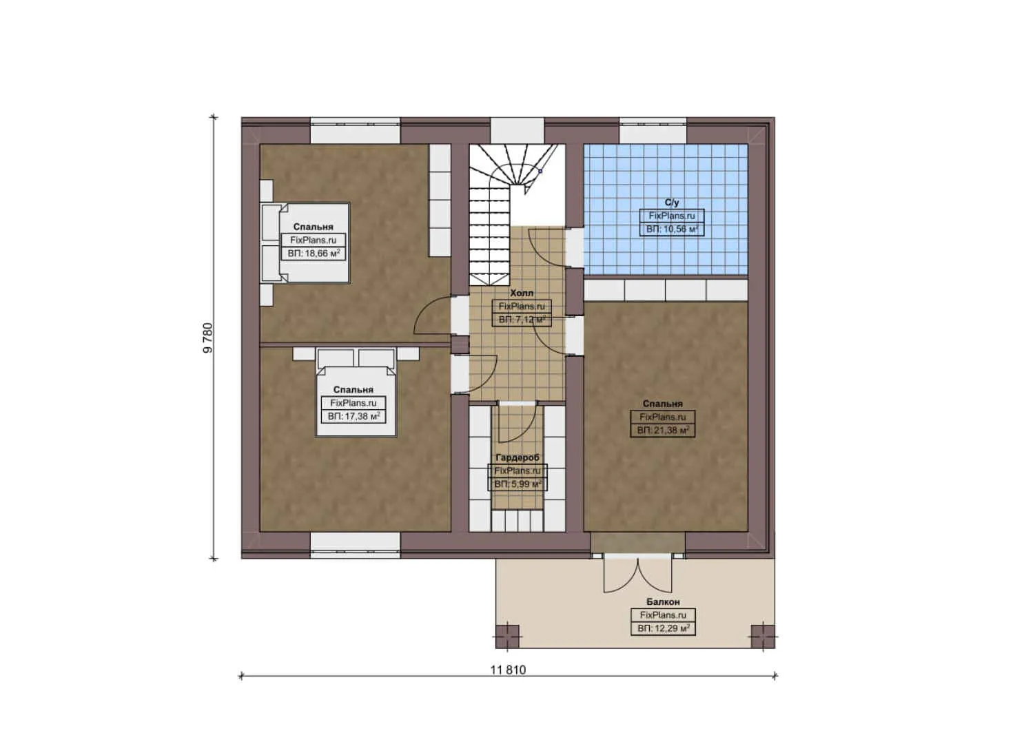 F-0260i - Планы дома с мансардой 12 на 17, площадью 280 м² с террасой, балконом, гаражом на 1 машину и 4 спальнями