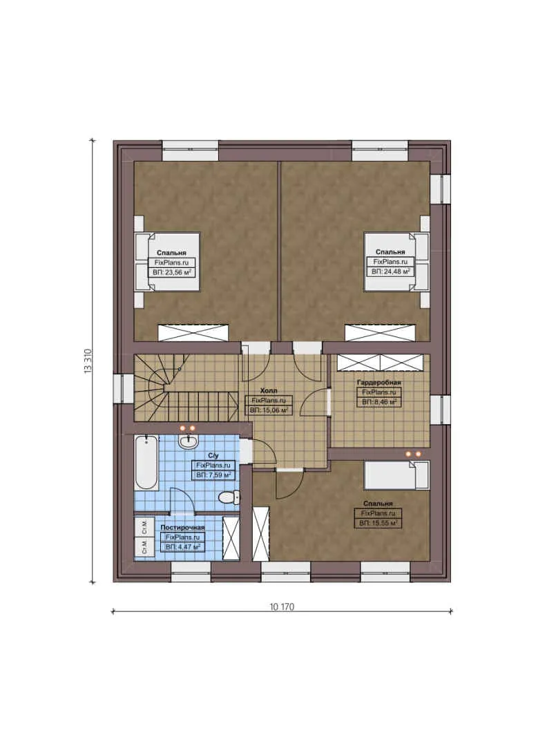 F-2258 - Планы двухэтажного дома 13 на 20, площадью 240 м² с террасой, гаражом на 2 машины и 3 спальнями
