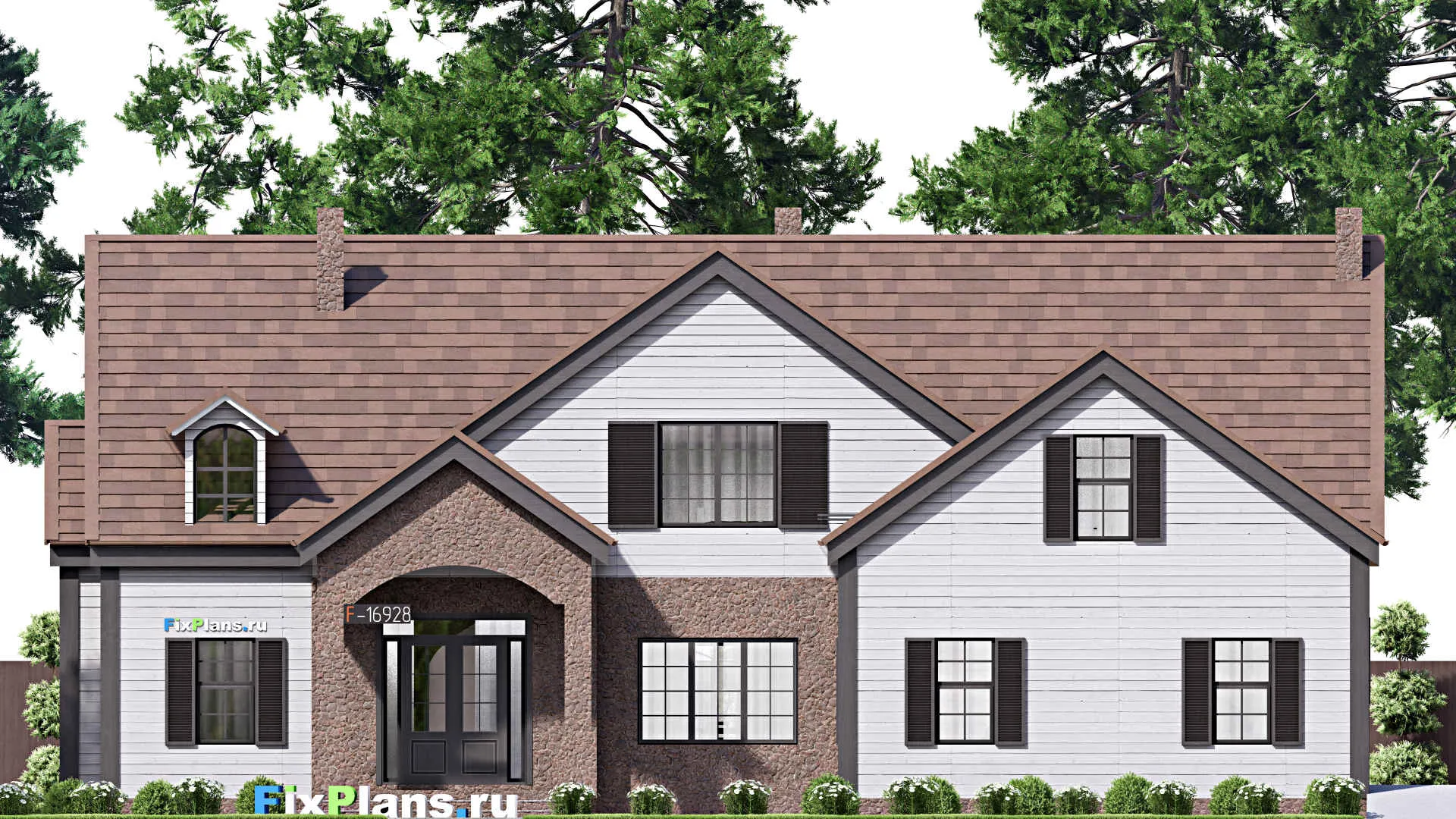 F-16928 - Проект дома с мансардой 19 на 20, площадью 340 м² с террасой, гаражом на 2 машины и 5 спальнями