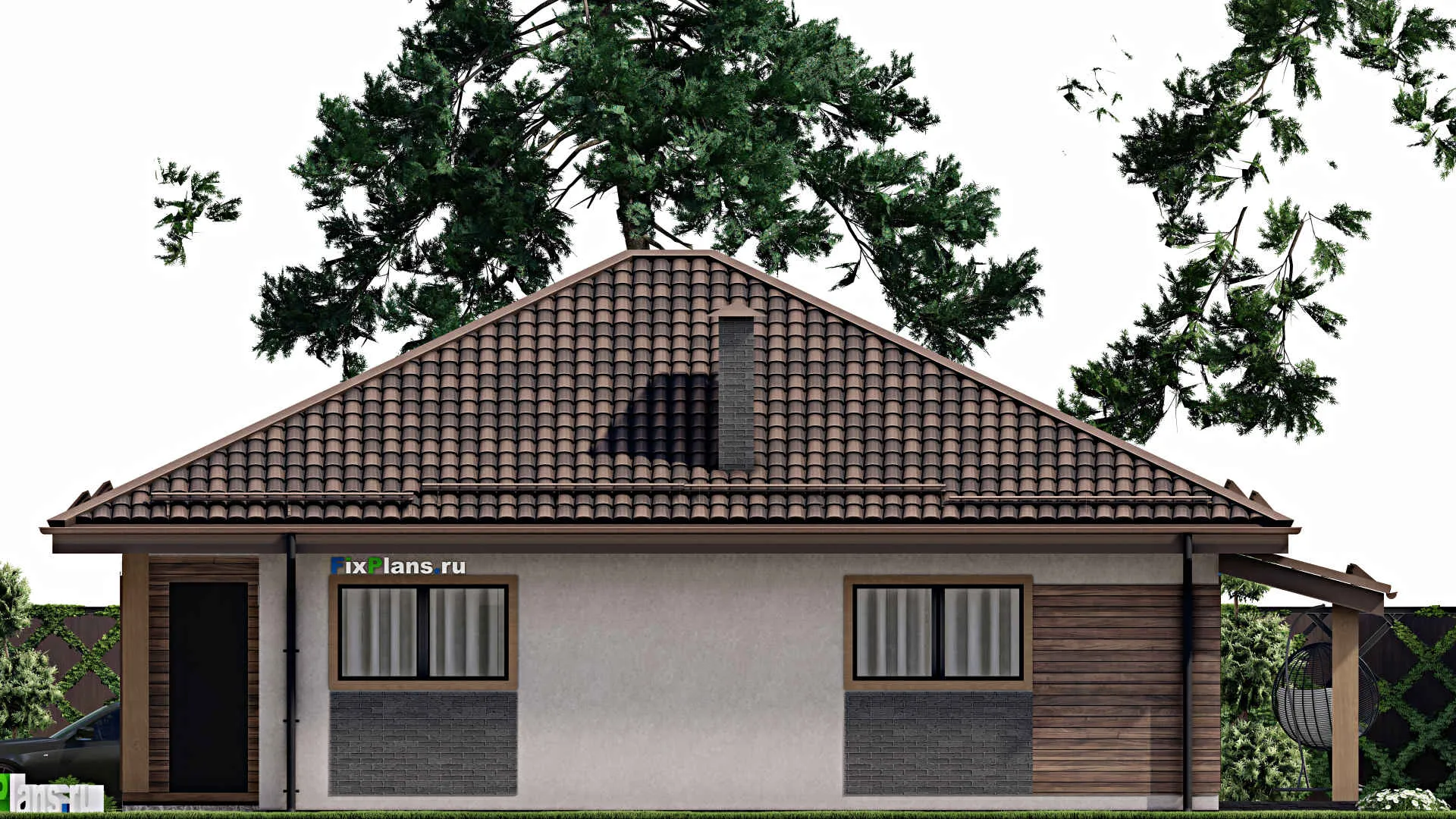 F-8279 - Проект одноэтажного дома 12 на 15, площадью 130 м² с террасой и 3 спальнями