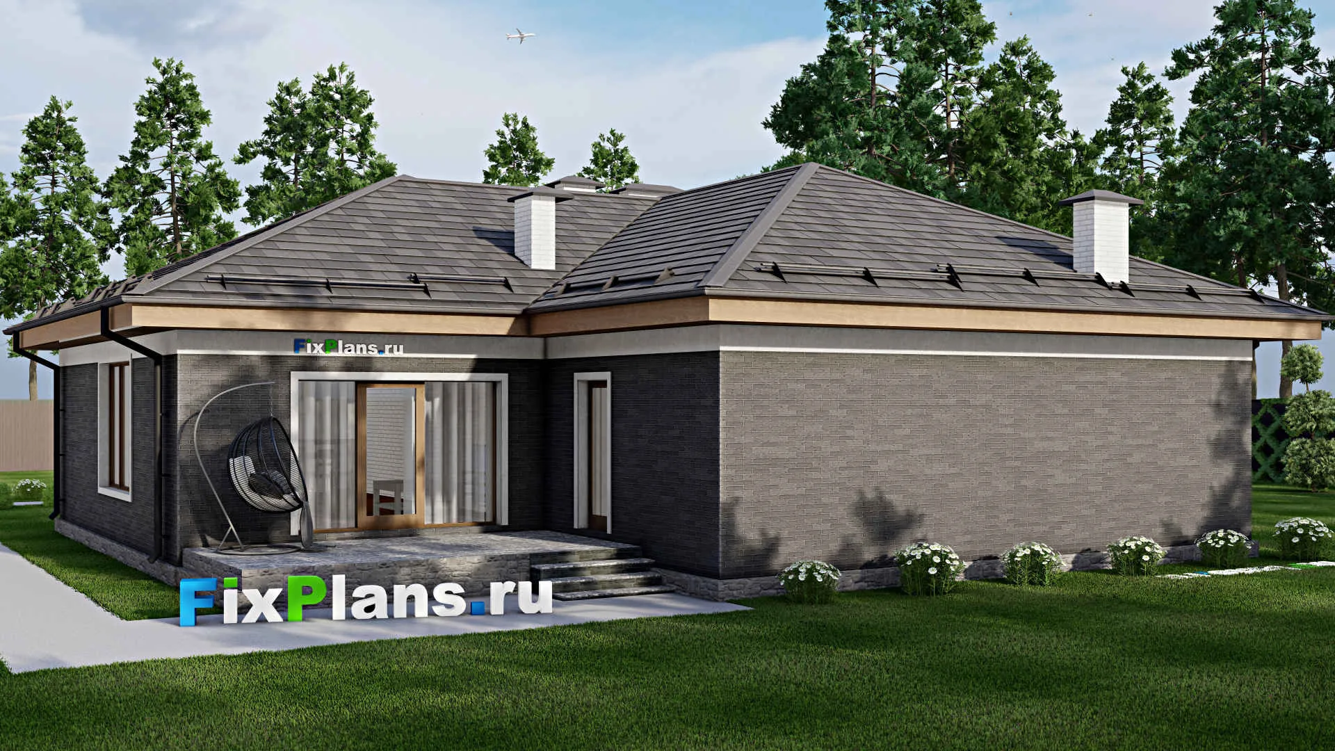 F-10214 - Проект одноэтажного дома 15 на 20, площадью 200 м² с террасой, гаражом на 2 машины и 3 спальнями