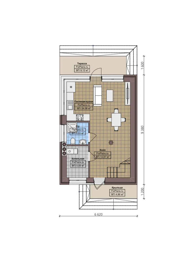 F-2366 - Планы двухэтажного дома 7 на 10, площадью 100 м² с террасой и 3 спальнями