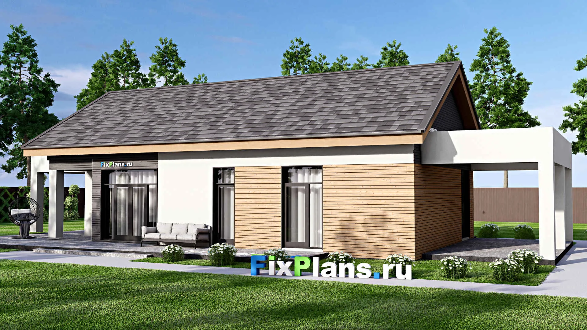 F-16235 - Проект одноэтажного дома 13 на 23, площадью 210 м² с террасой и 3 спальнями