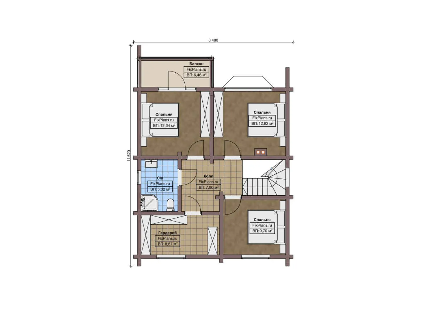 F-10124 - Планы дома с мансардой 9 на 12, площадью 140 м² с террасой, балконом и 4 спальнями