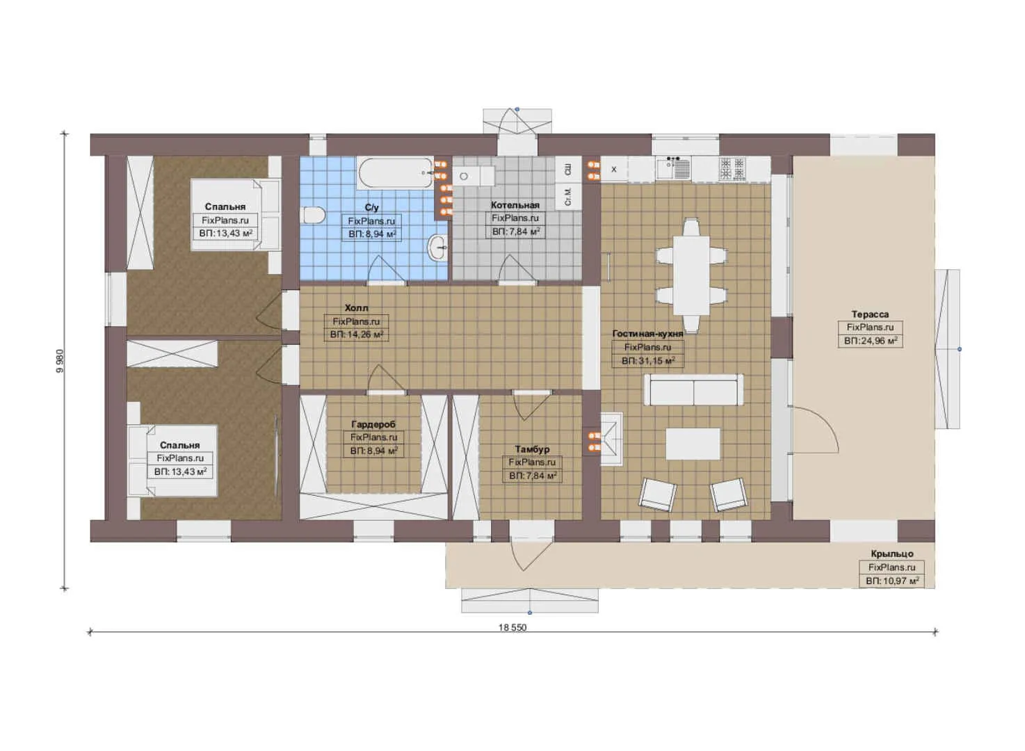 F-12968 - План одноэтажного дома 10 на 19, площадью 150 м² с террасой и 2 спальнями