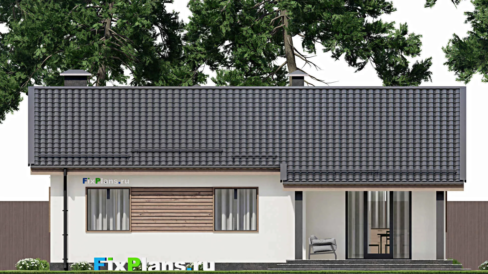 F-4859 - Проект одноэтажного дома 10 на 13, площадью 110 м² с террасой и 3 спальнями