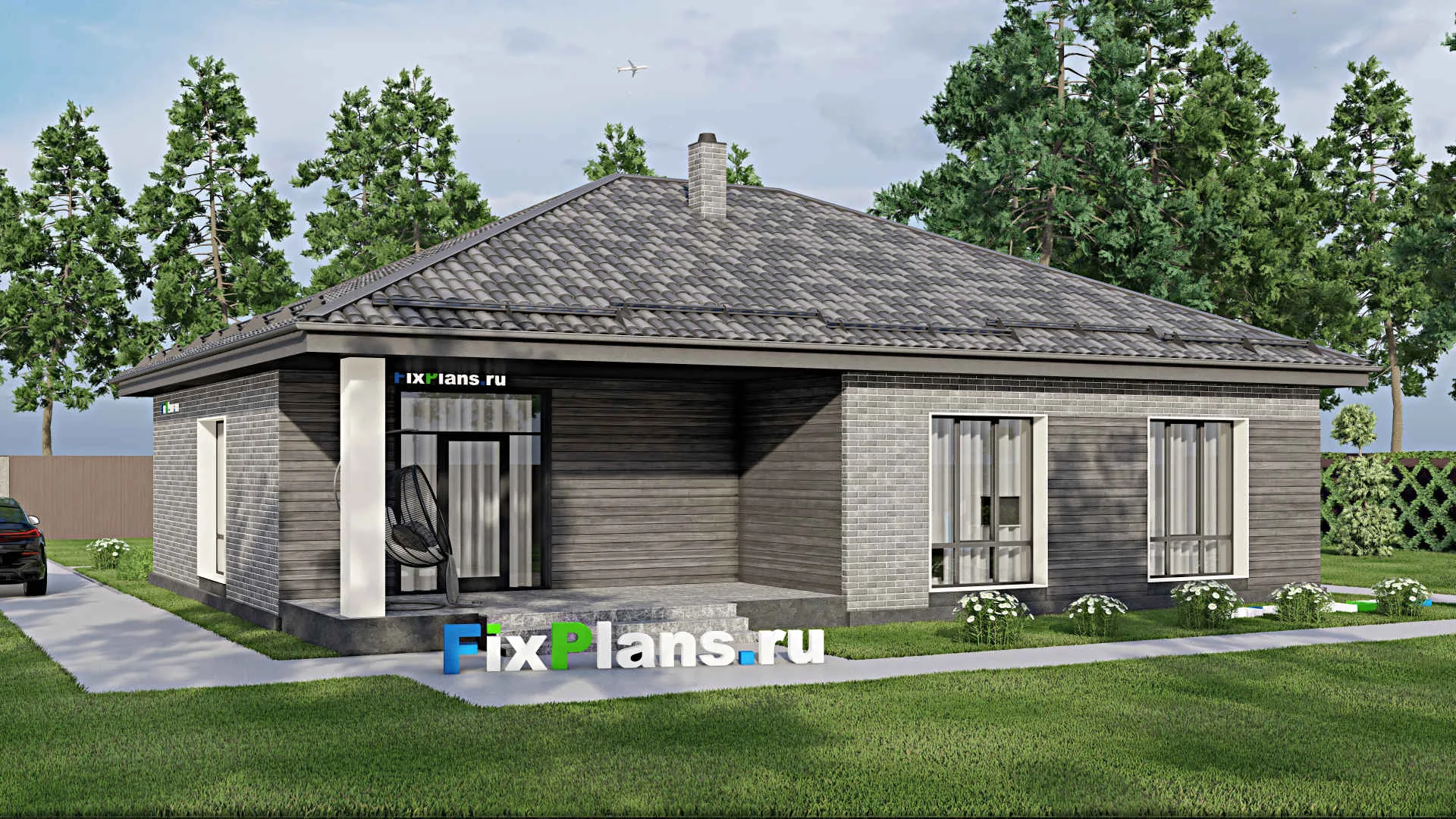 F-7532 - Проект одноэтажного дома 14 на 16, площадью 150 м² с террасой и 3 спальнями