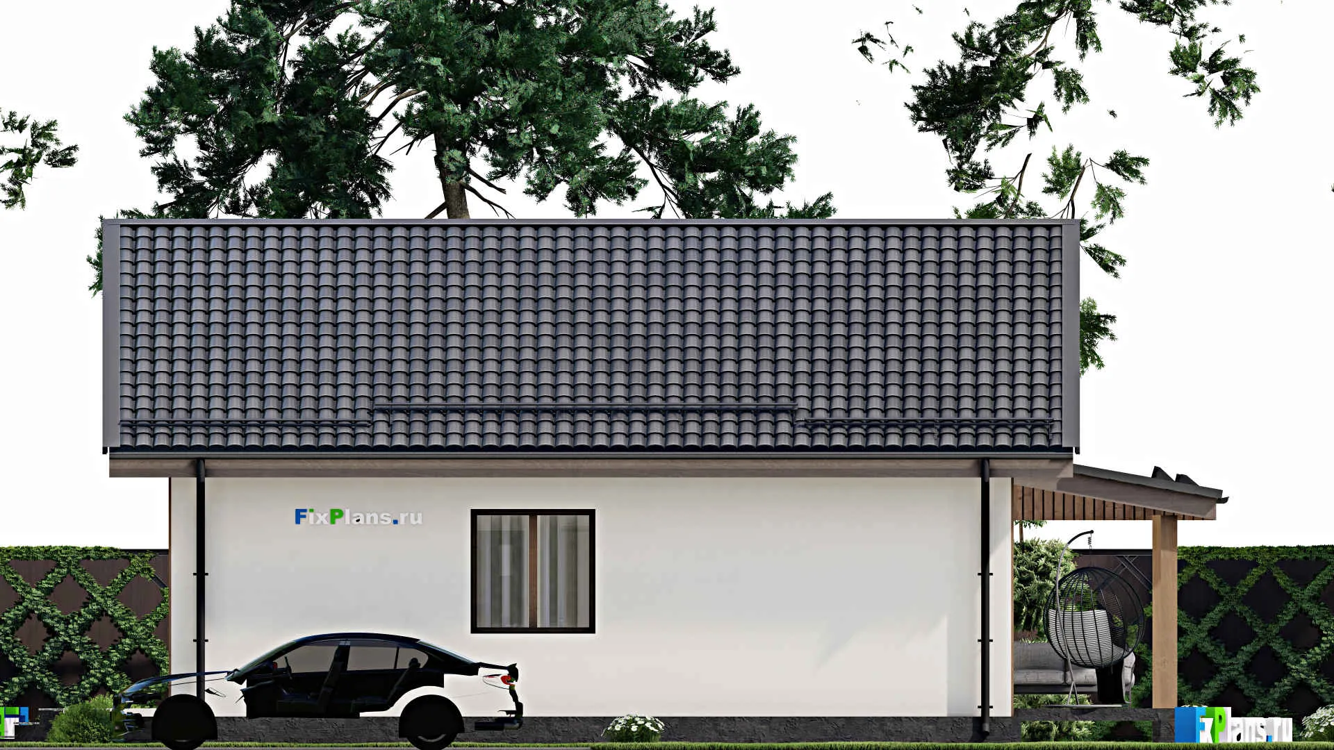 F-3860 - Проект одноэтажного дома 11 на 11, площадью 120 м² с террасой и 3 спальнями