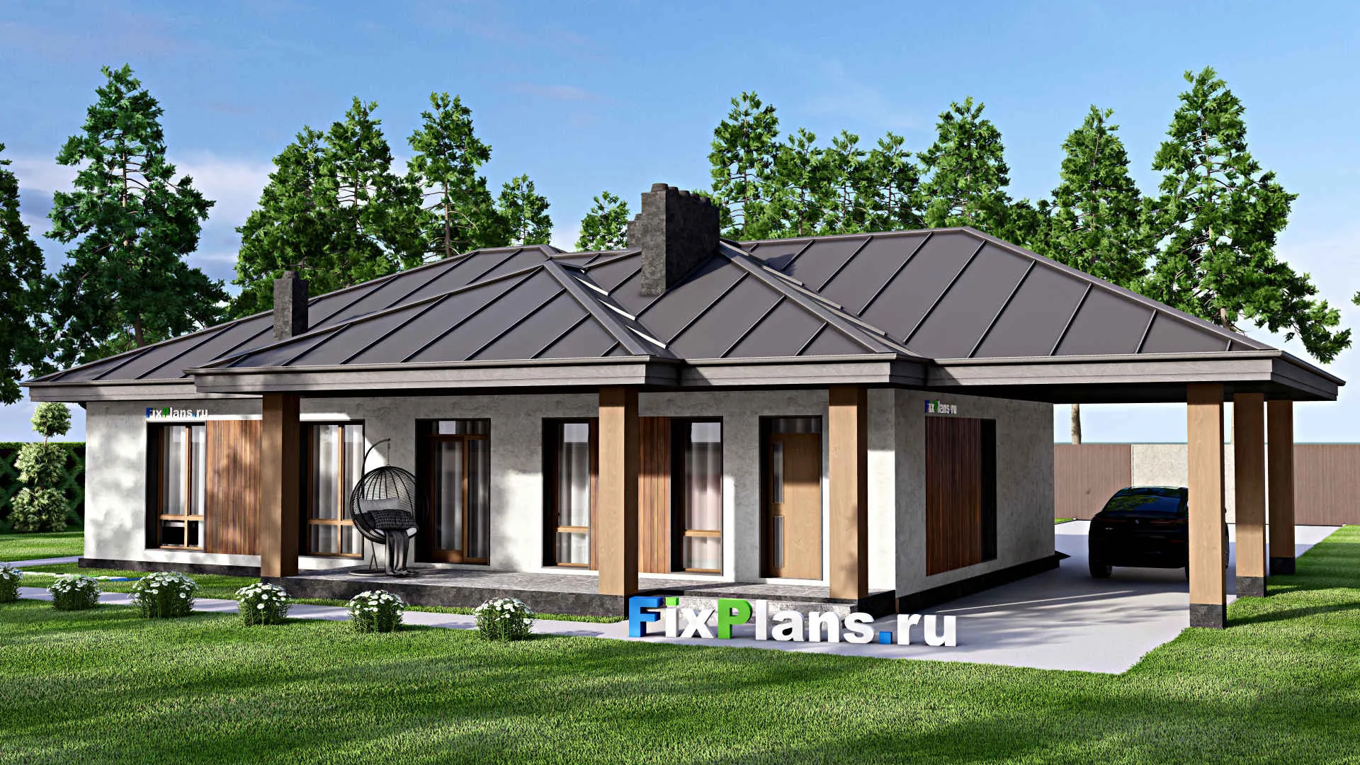 F-14588 - Проект одноэтажного дома 14 на 21, площадью 200 м² с террасой, гаражом на 1 машину и 2 спальнями