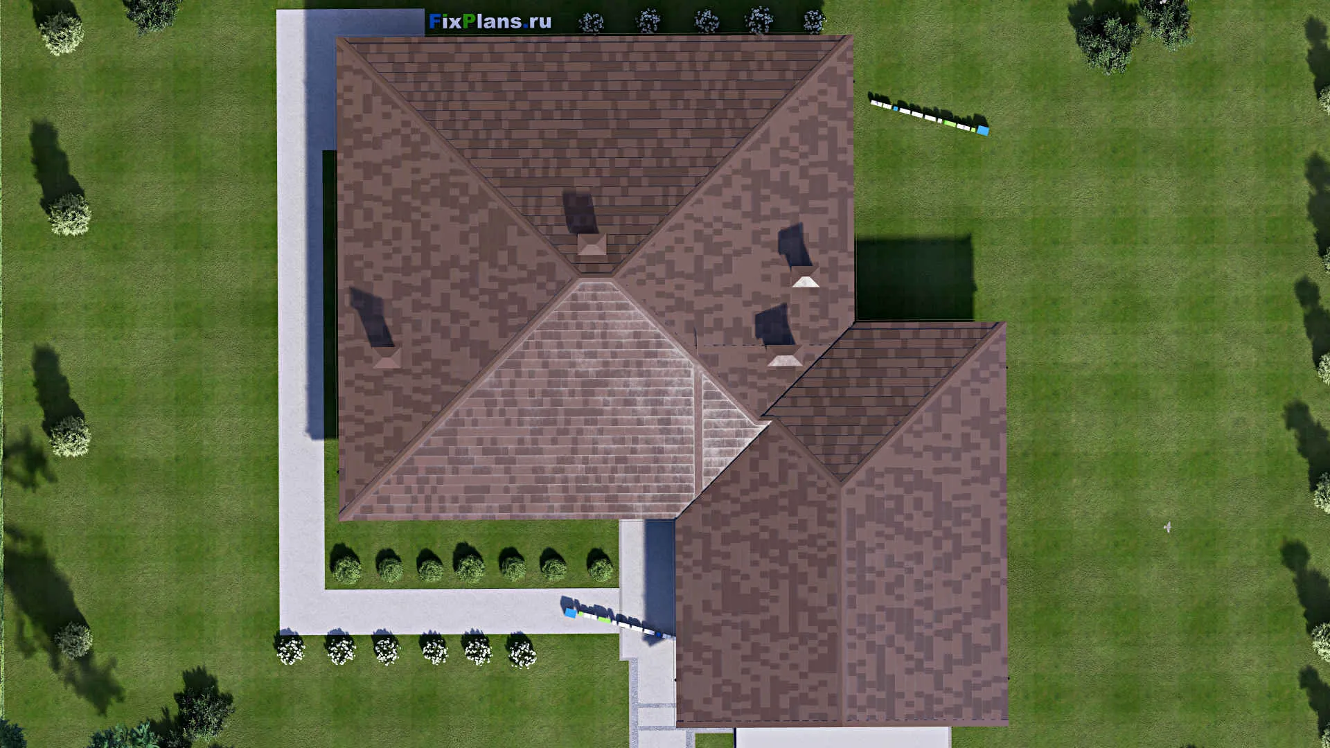 F-13319 - Проект одноэтажного дома 21 на 22, площадью 260 м² с террасой, гаражом на 2 машины и 3 спальнями