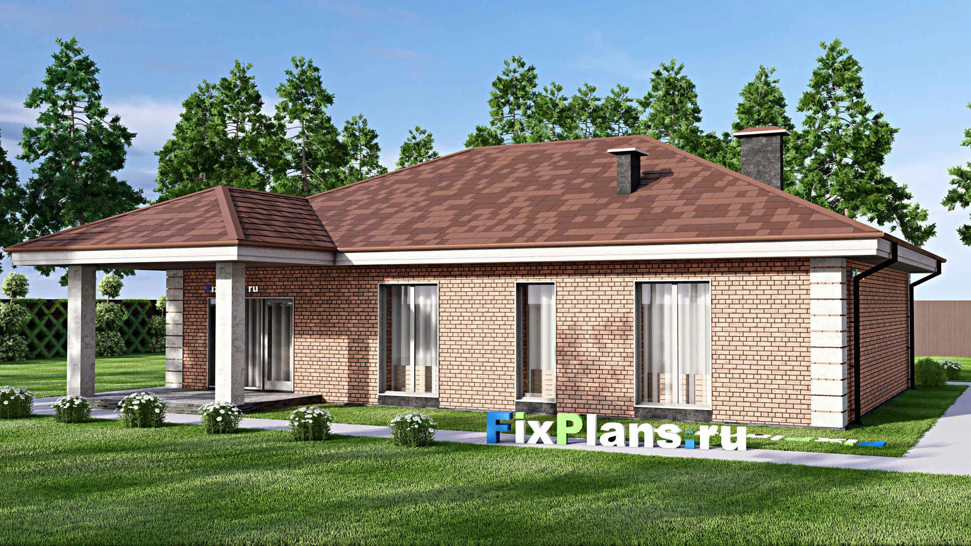 F-14174 - Проект одноэтажного дома 15 на 16, площадью 150 м² с террасой и 3 спальнями