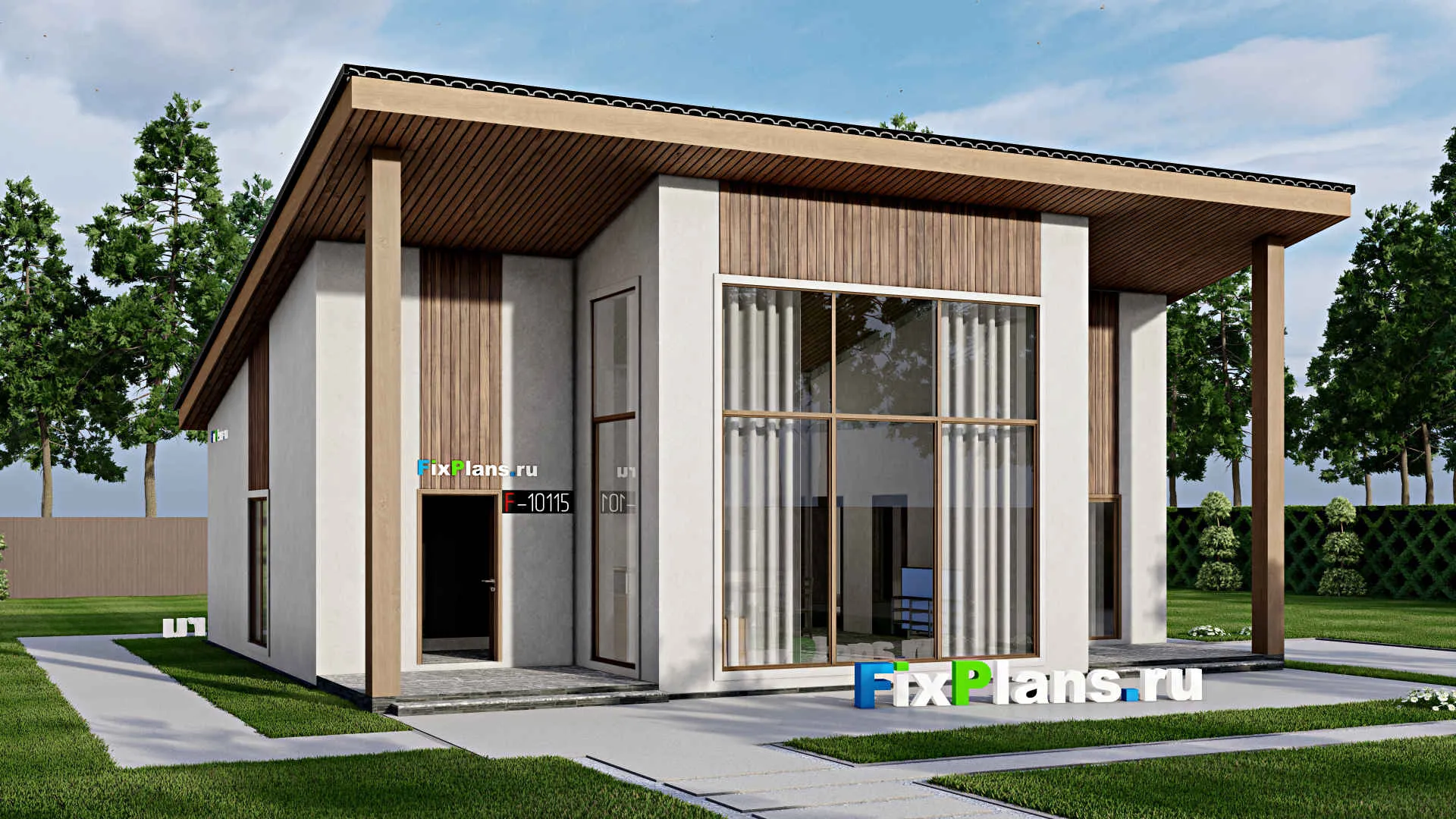 F-10115 - Проект одноэтажного дома 11 на 13, площадью 120 м² с террасой и 4 спальнями