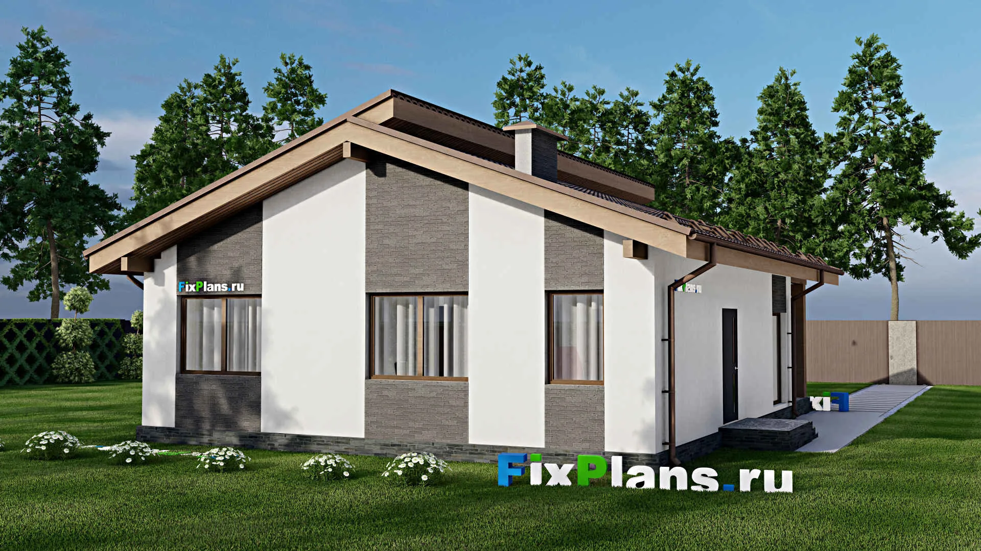 F-9809 - Проект одноэтажного дома 12 на 13, площадью 110 м² с террасой, баней и 2 спальнями