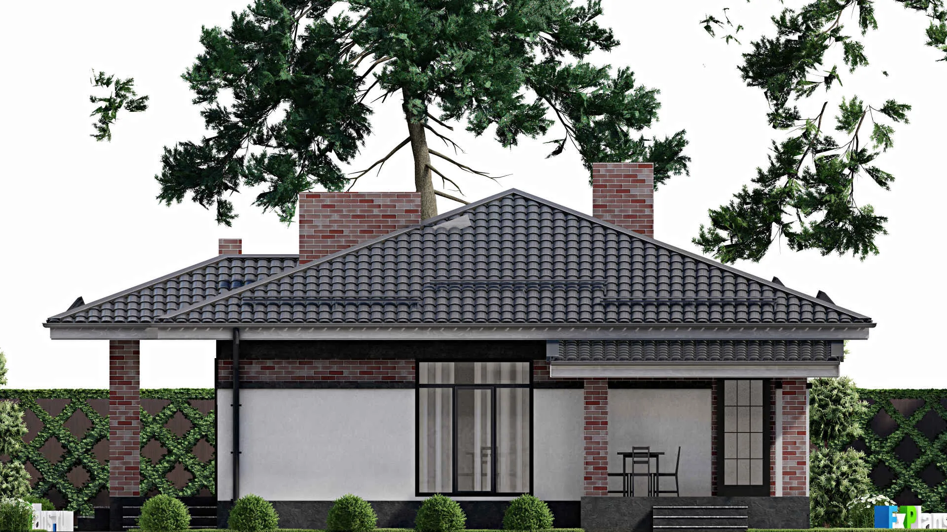 F-1691 - Проект одноэтажного дома 10 на 12, площадью 110 м² с террасой и 4 спальнями