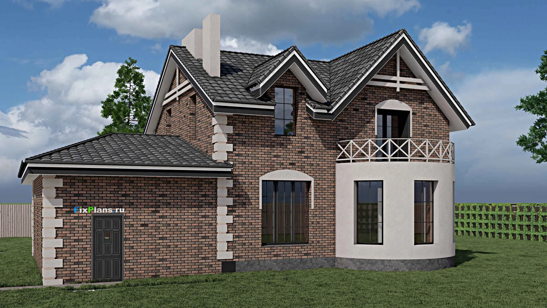 F-0890 - Проект дома с мансардой 15 на 16, площадью 210 м² с балконом, гаражом на 1 машину и 4 спальнями