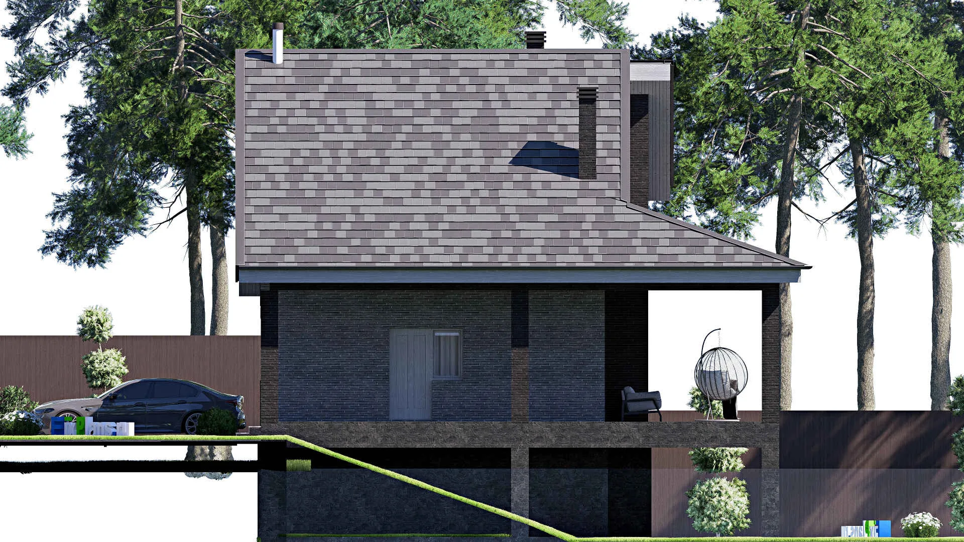 F-18980 - Проект дома с мансардой 12 на 16, площадью 230 м² с террасой, цокольным этажом и 3 спальнями