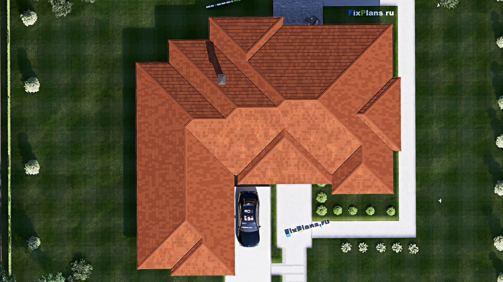 F-17306 - Проект одноэтажного дома 22 на 24, площадью 270 м² с террасой, гаражом на 2 машины и 4 спальнями