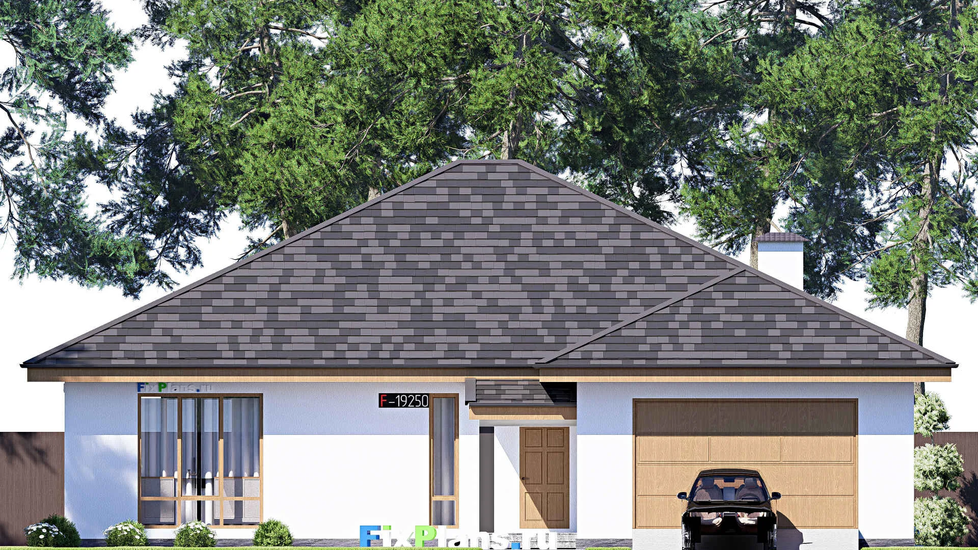 F-19250 - Проект одноэтажного дома 17 на 23, площадью 260 м² с террасой, гаражом на 2 машины и 4 спальнями