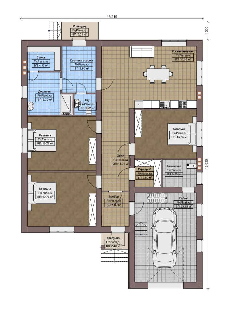 F-8036 - План одноэтажного дома 14 на 19, площадью 180 м² с баней, гаражом на 1 машину и 3 спальнями