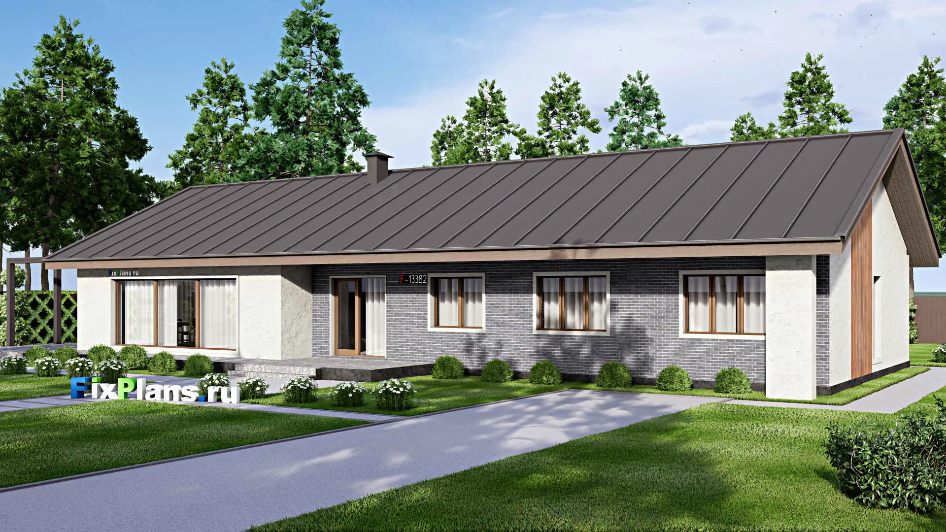 F-13382 - Проект одноэтажного дома 14 на 30, площадью 290 м² с террасой и 4 спальнями