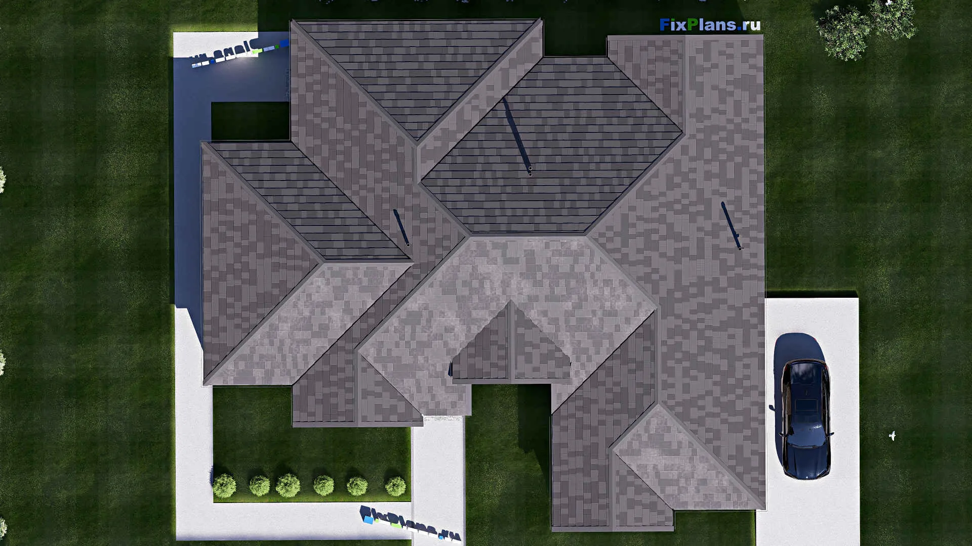 F-20663 - Проект одноэтажного дома 20 на 22, площадью 270 м² с террасой, гаражом на 2 машины и 4 спальнями