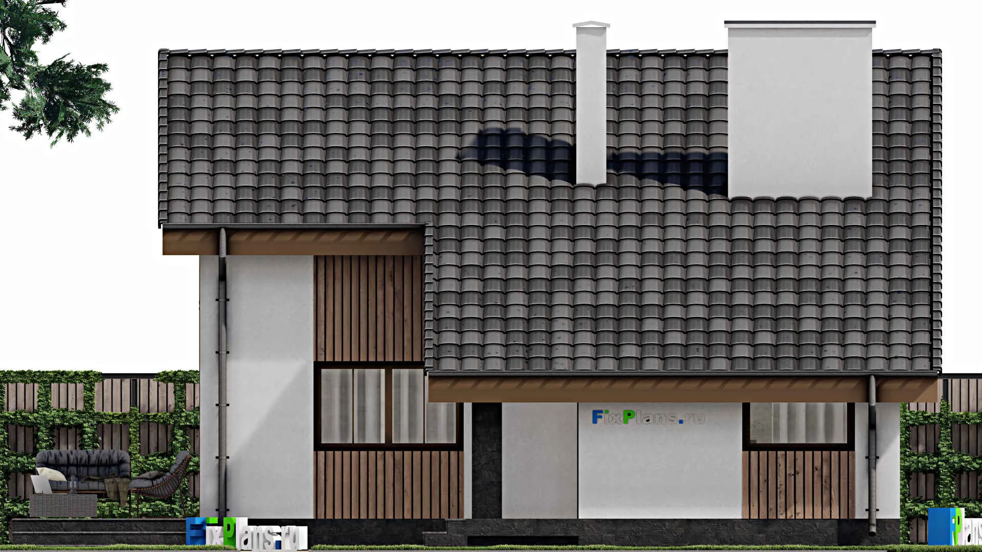 F-1574 - Планы дома с мансардой 10 на 11, площадью 110 м² с террасой и 2 спальнями