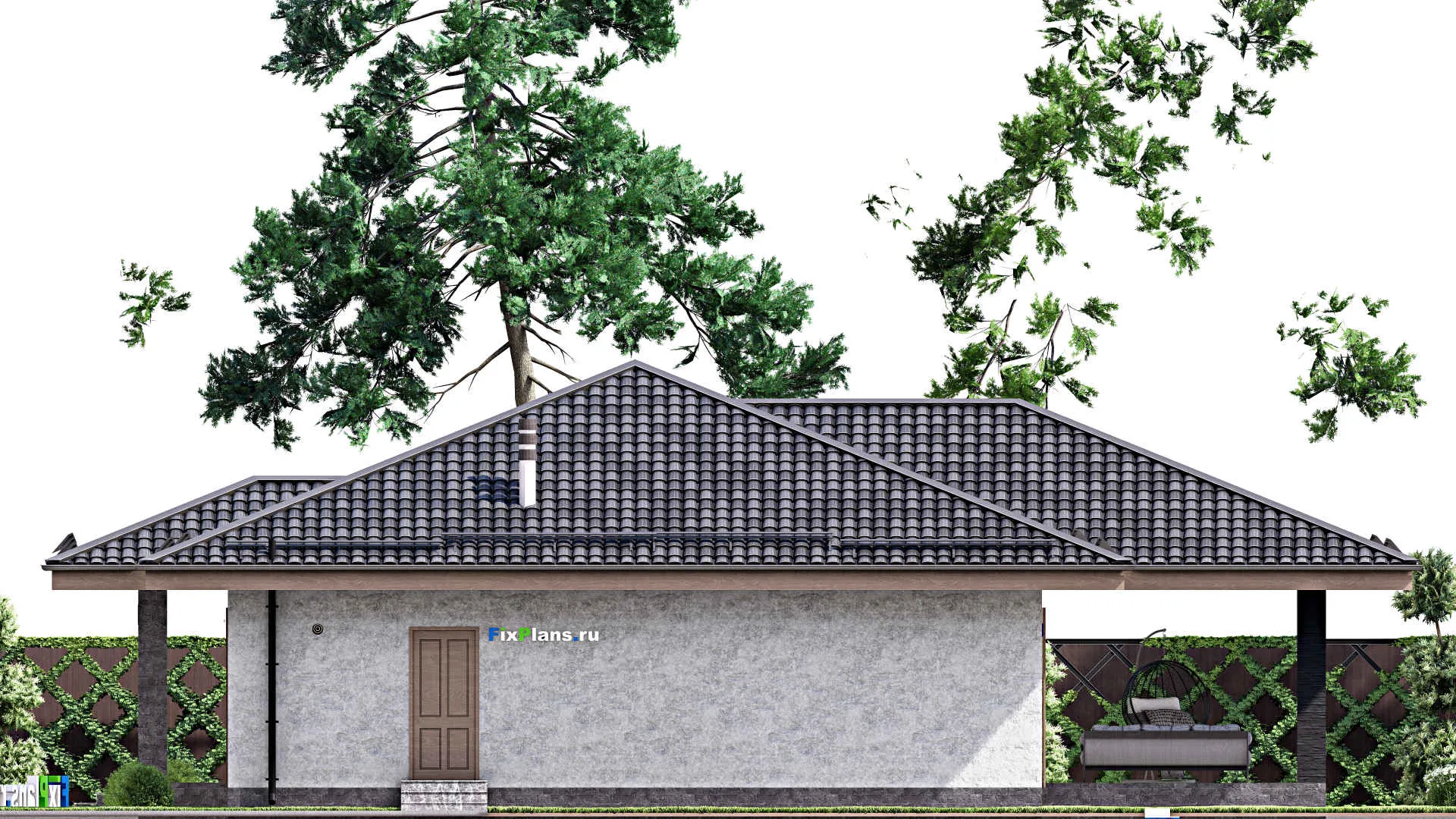 F-12833 - Проект одноэтажного дома 17 на 19, площадью 210 м² с террасой и 4 спальнями