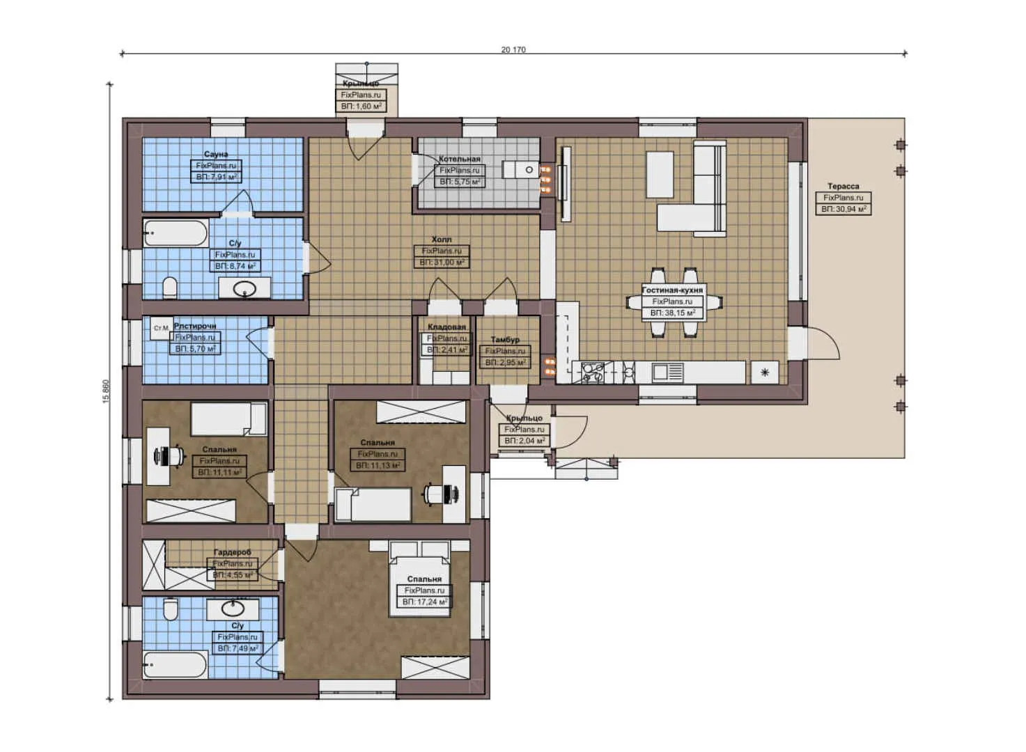 F-12302 - План одноэтажного дома 16 на 21, площадью 190 м² с террасой, баней и 3 спальнями