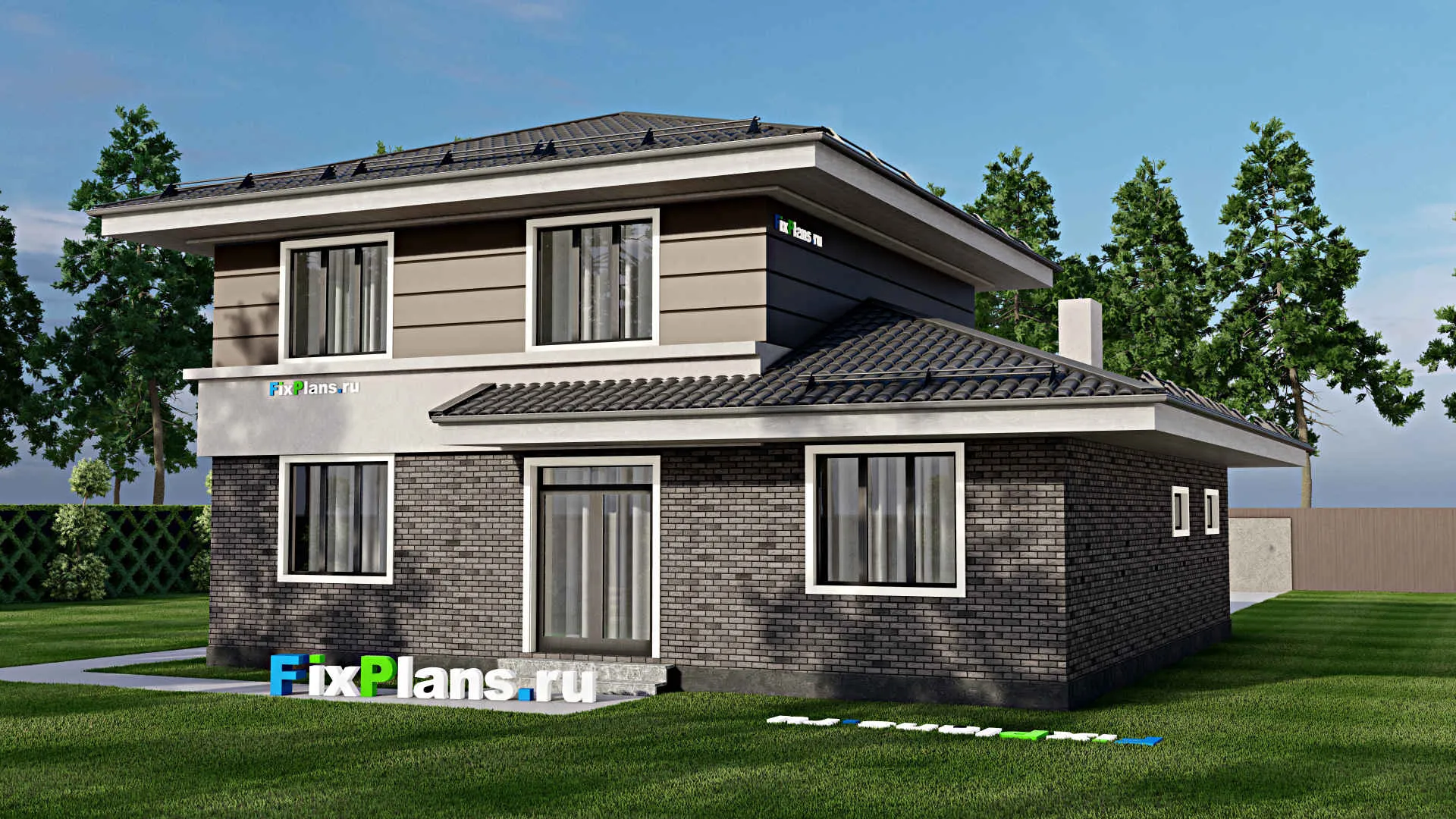 F-9980 - Проект двухэтажного дома 13 на 13, площадью 250 м² с гаражом на 1 машину и 5 спальнями