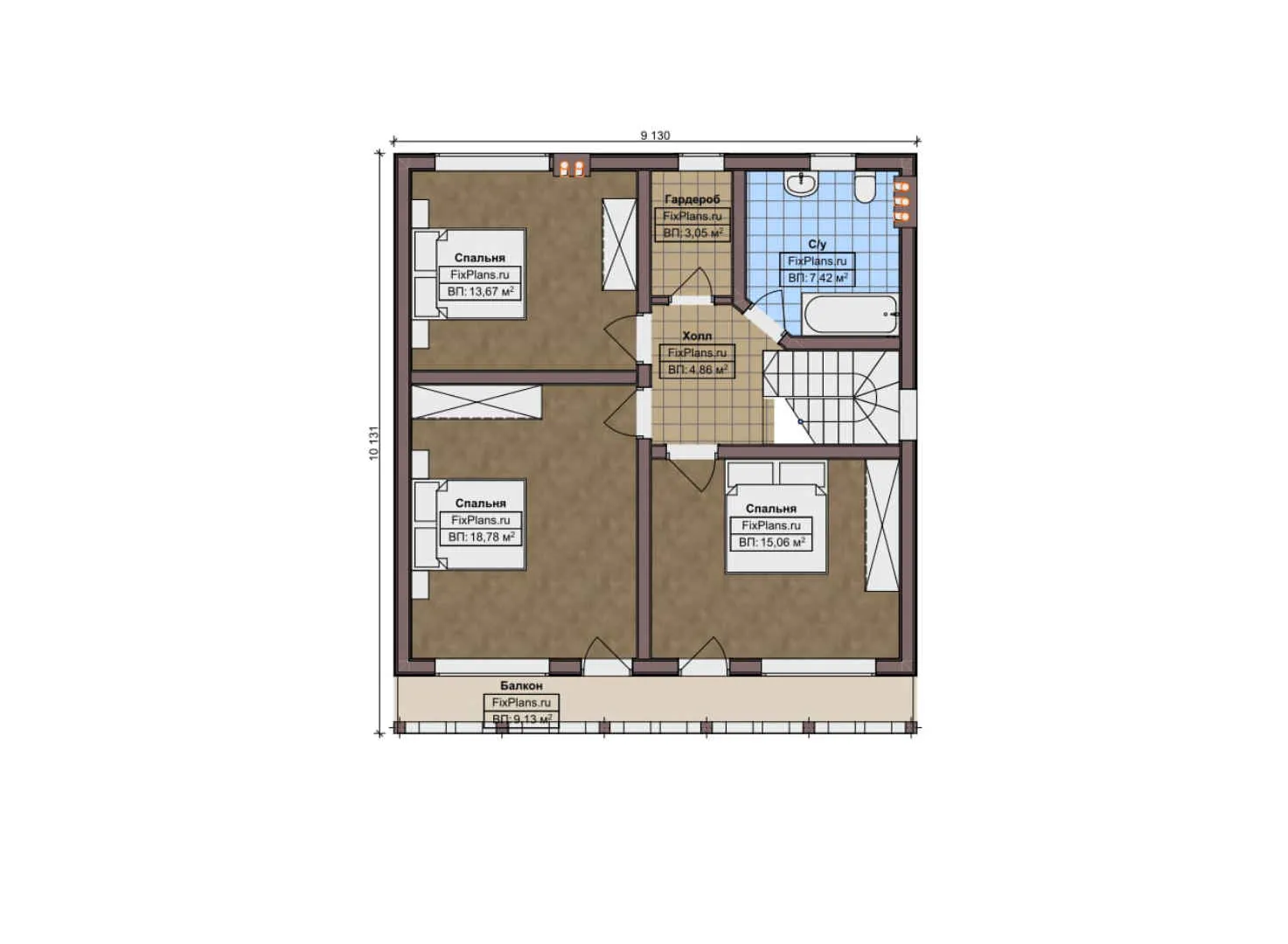 F-10232 - Планы дома с мансардой 11 на 13, площадью 170 м² с террасой, балконом и 4 спальнями