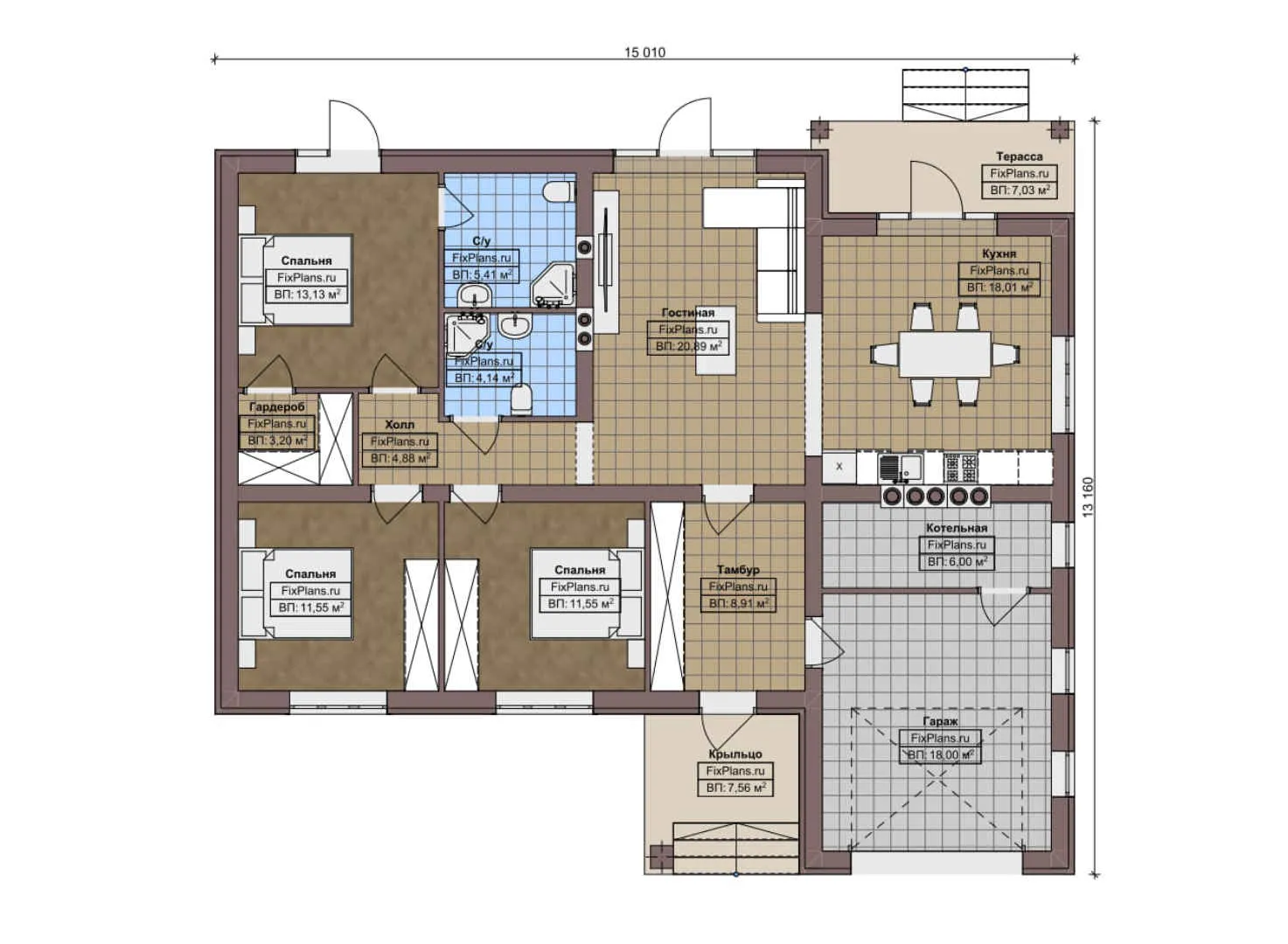 F-2762 - План одноэтажного дома 14 на 16, площадью 140 м² с террасой, гаражом на 1 машину и 3 спальнями