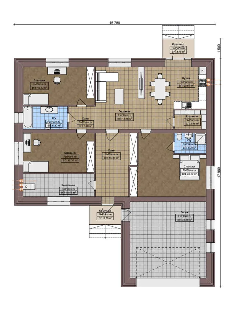 F-5822 - План одноэтажного дома 16 на 18, площадью 190 м² с гаражом на 2 машины и 3 спальнями