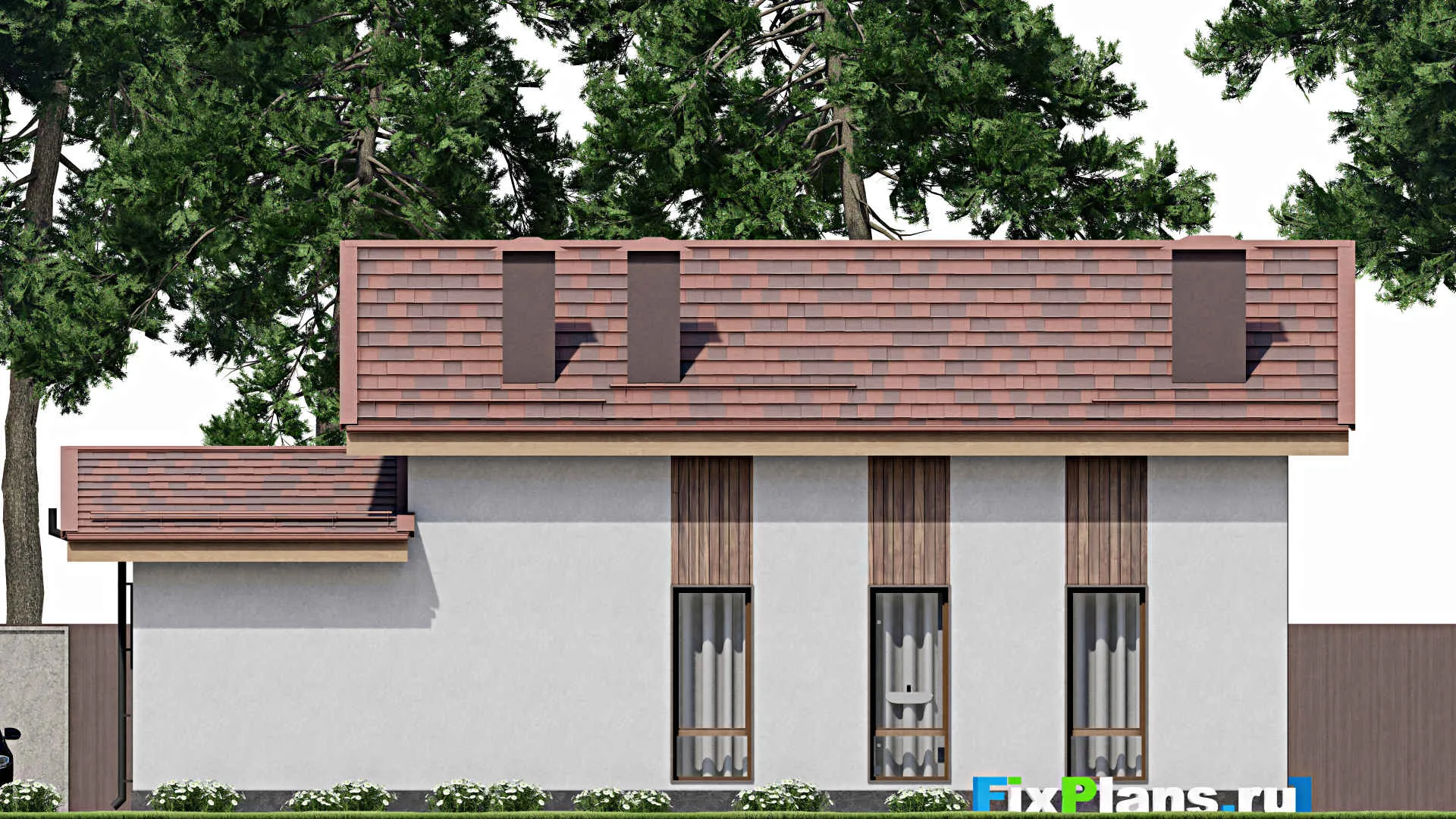 F-10133 - Проект дома с мансардой 7 на 15, площадью 110 м² с террасой, баней и 1 спальнями