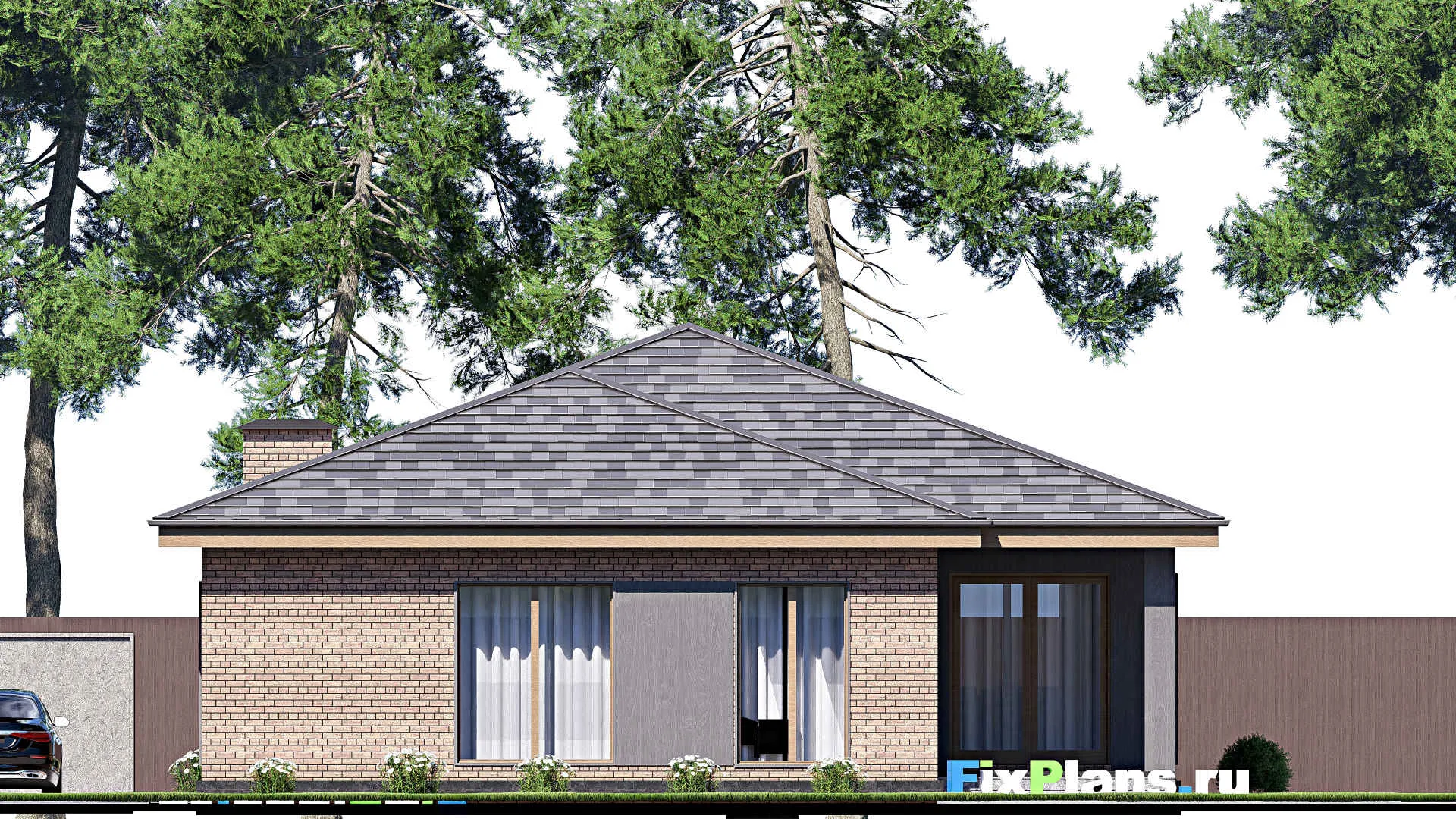 F-18404 - Проект одноэтажного дома 13 на 19, площадью 180 м² с террасой и 4 спальнями