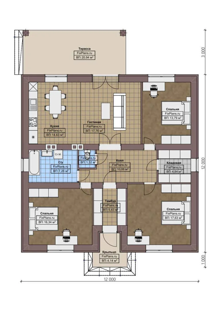 F-1250 - План одноэтажного дома 12 на 12, площадью 140 м² с террасой и 3 спальнями
