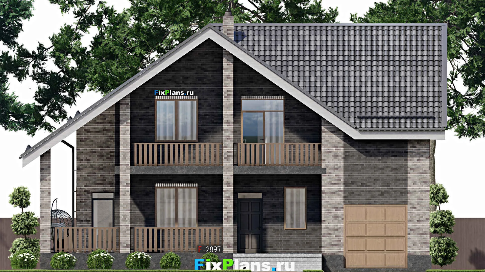 F-2897 - Планы дома с мансардой 13 на 14, площадью 250 м² с террасой, балконом, гаражом на 1 машину и 6 спальнями