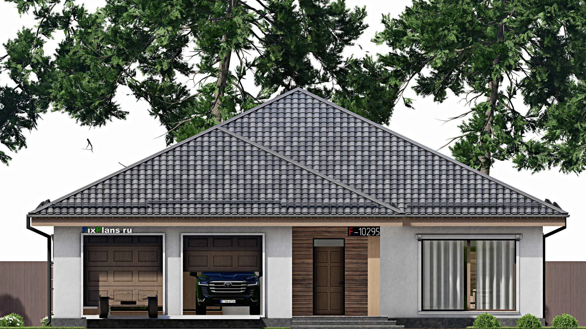F-10295 - Проект одноэтажного дома 16 на 25, площадью 290 м² с террасой, баней, гаражом на 2 машины и 3 спальнями