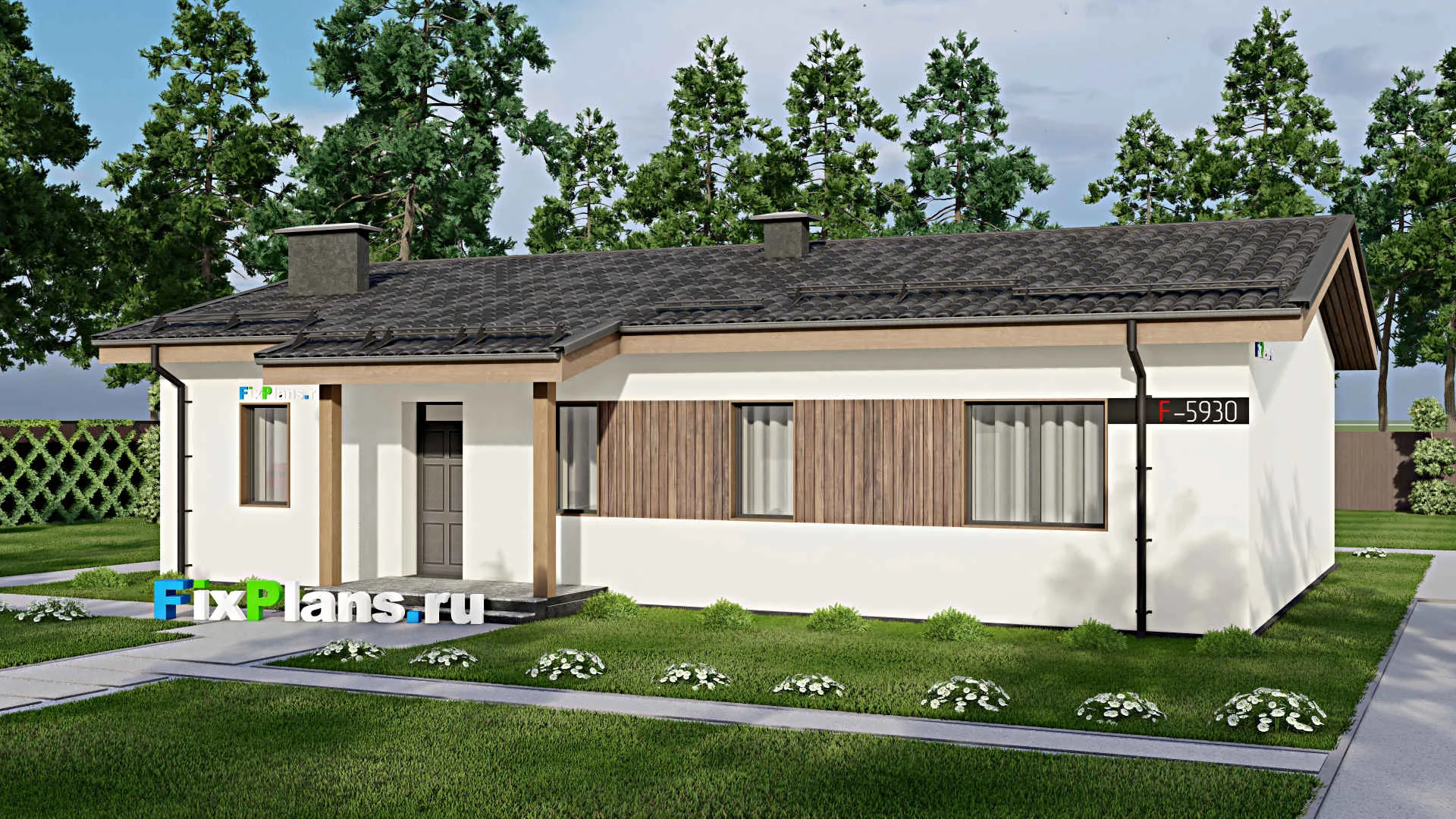 F-5930 - Проект одноэтажного дома 11 на 16, площадью 150 м² с террасой и 3 спальнями