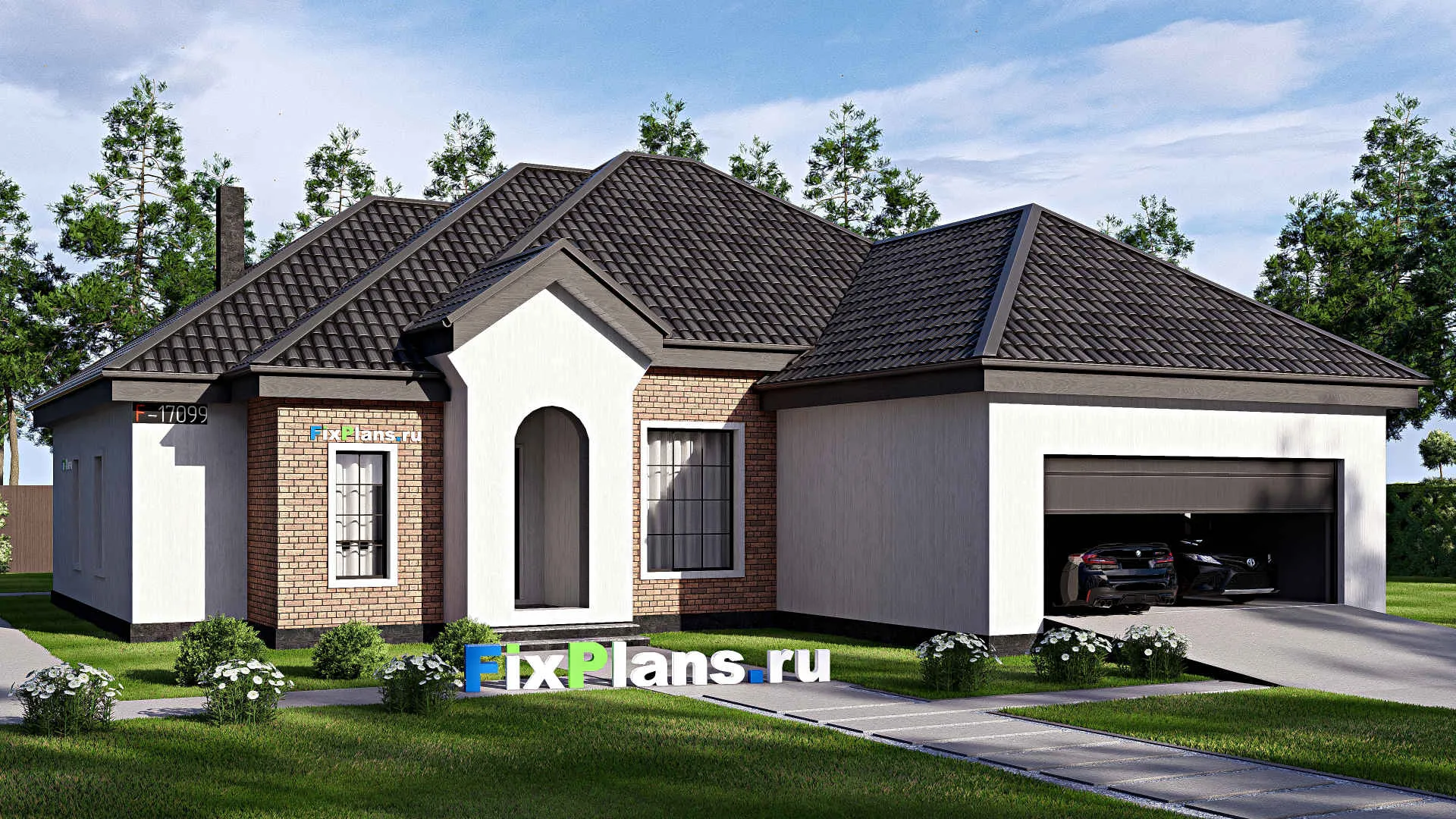 F-17099 - Проект одноэтажного дома 17 на 21, площадью 220 м² с террасой, гаражом на 2 машины и 3 спальнями