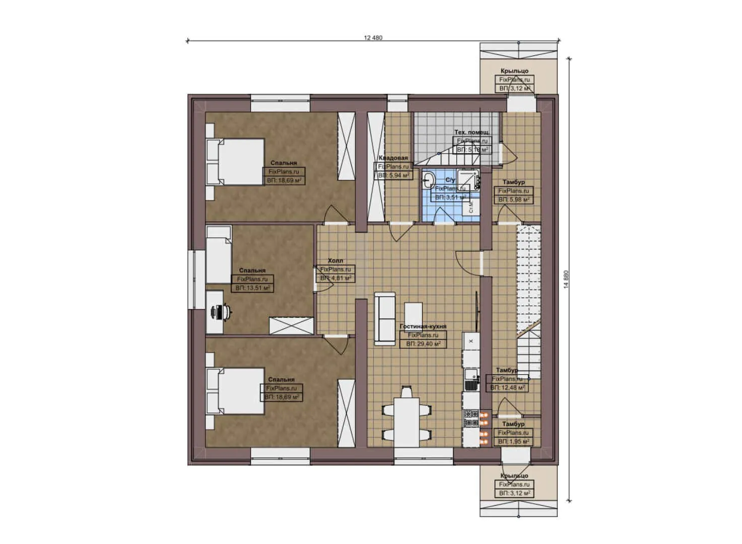 F-10169 - Планы дома с мансардой 13 на 15, площадью 310 м² с цокольным этажом и 5 спальнями
