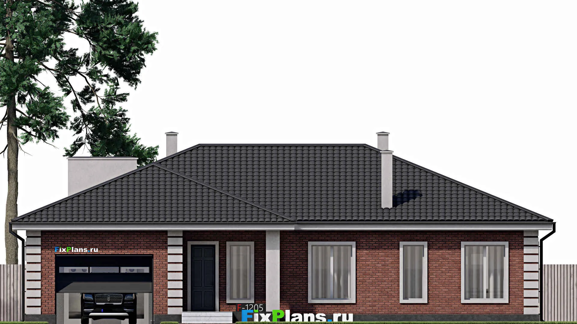 F-1205 - Проект одноэтажного дома 17 на 19, площадью 200 м² с террасой, баней, гаражом на 1 машину и 3 спальнями