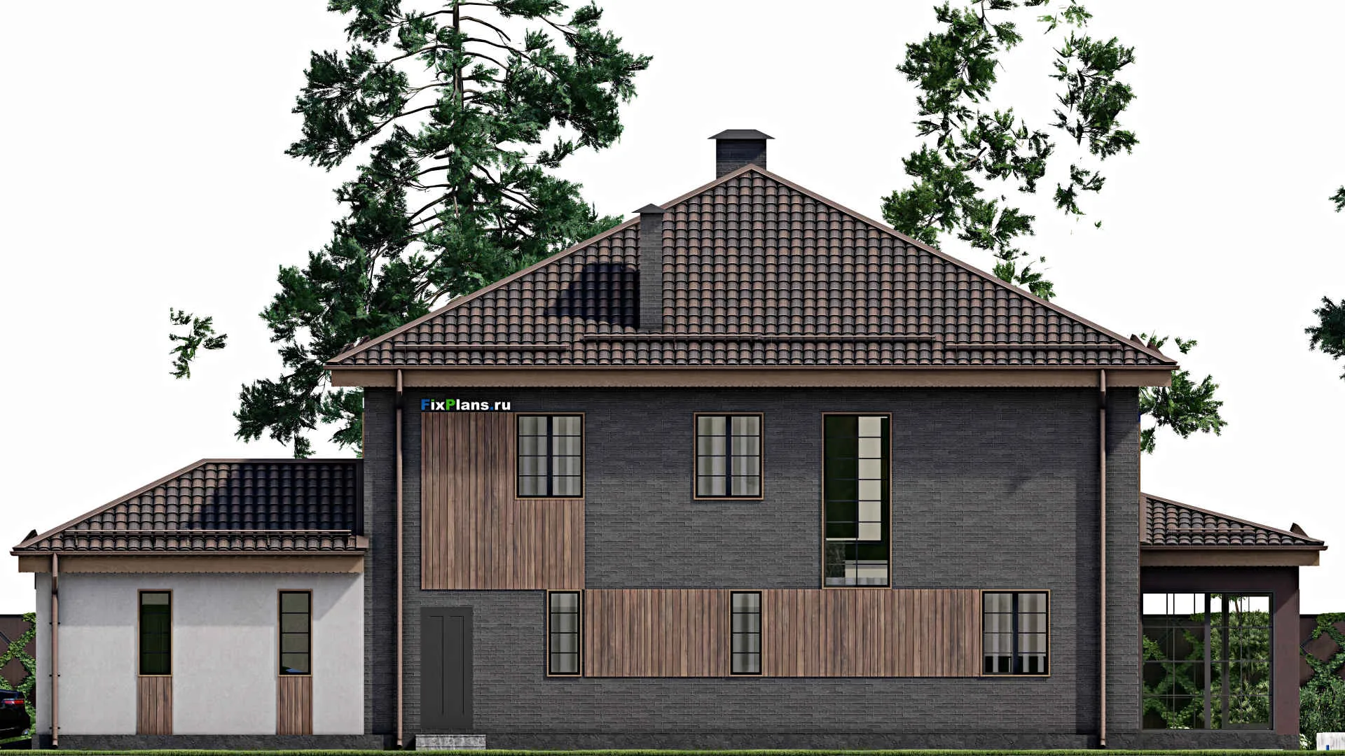 F-8288 - Проект двухэтажного дома 14 на 22, площадью 320 м² с террасой, гаражом на 1 машину и 5 спальнями